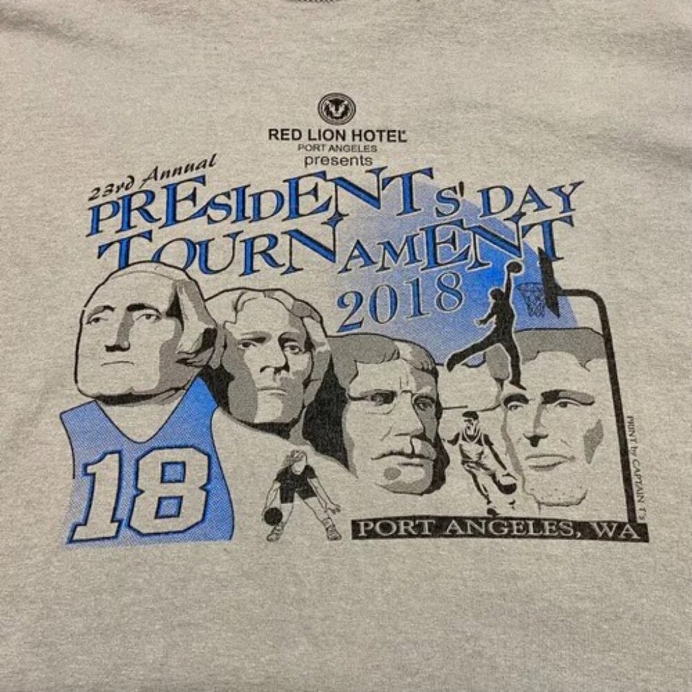 Port Angeles WA Presidents Day Tournanent 2018 Red Lion Tee Men's Large Grey EUC - Picture 7 of 8